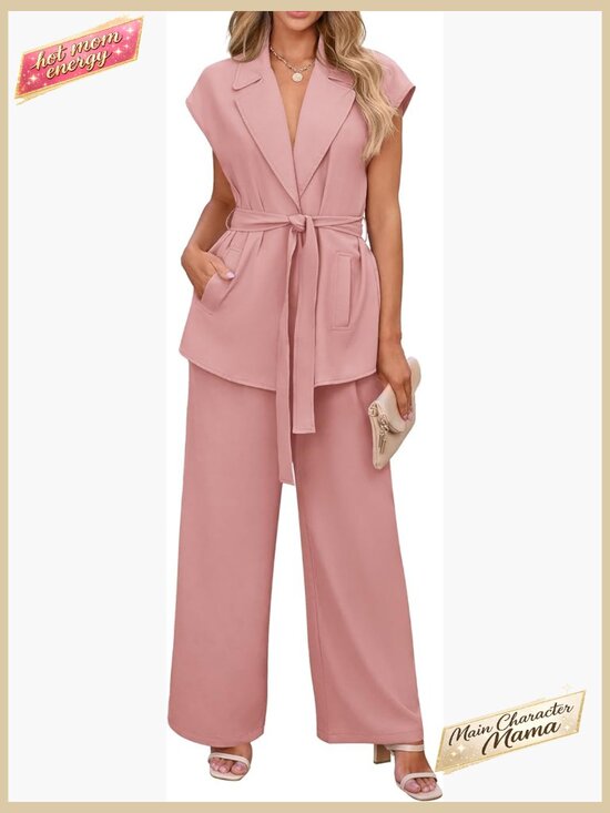 Pants - Sleeveless Blazer Vest & Wide Leg Pant Set Business Casual 2 Piece Outfits